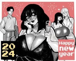 1boy 1futa 2024 2girls absurd_res bangs big_breasts black_hair blush breasts cleavage clothed clothing english_text female female_focus freckles fully_clothed futanari glasses huge_breasts human juicy_(madsuwu) long_hair looking_at_viewer madsuwu male misahero99 new_year new_year_2024 red_(madsuwu) smiling smiling_at_viewer solo_focus spicy_(madsuwu) standing suci_(madsuwu) text