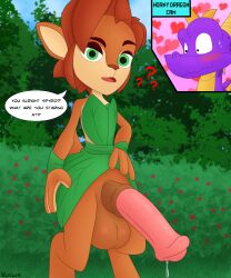 absurd_res activision animal_genitalia animal_penis anthro balls big_penis blush bodily_fluids clothed clothing cum deer detailed_background dialogue digital_media_(artwork) dragon elora english_text equine_genitalia equine_penis erection eyebrows faun_(spyro) female fur futanari genital_fluids genitals green_eyes hair herm hi_res horn huge_balls huge_cock humanoid intersex leaking leaking_cum looking_at_viewer male mammal open_mouth outside penis plant presenting purple_body raised_eyebrow scales scalie sky smile solo speech_bubble spyro spyro_reignited_trilogy spyro_the_dragon standing sweat sweatdrop tail text tongue varium western_dragon wings