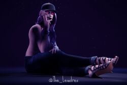 1girls 3d black_lipstick blender cap clothed clothing dusk_(fortnite) epic_games female female_focus female_only fortnite fortnite:_battle_royale glowing glowing_eyes grey_body grey_hair grey_skin half-dressed half_naked headwear high_heels highres jeans lewdrex lipstick long_hair pants pink_eyes purple_eyes simple_background sitting solo solo_focus topless watermark