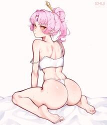 ass ass_focus bare_legs bare_shoulders barefoot blush chui feet female forehead_jewel fu_xuan_(honkai:_star_rail) full_body general hair_ornament honkai:_star_rail honkai_(series) hoyoverse kneeling legs long_hair looking_at_viewer panties pink_hair soles solo sweat tank_top thighs thong toes underwear white_panties white_tank_top