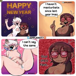 2girls applehot ass blue_nipples brown_hair cleavage comic demon english_text female glasses halo happy_new_year horn huge_breasts humor jane_(applehot) large_breasts mara_(applehot) masturbation multiple_girls new_year nude original short_hair spread_legs sweat tail white_hair