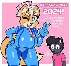 2024 acstlu anthro canid canine clothing dialogue digital_media_(artwork) duo english_text female fox fox_mccloud full_body_suit gesture hat headgear headwear hi_res holidays looking_at_viewer male mammal metroid mtf_crossgender new_year nintendo one_eye_closed party_horn party_horn_in_mouth pattern_clothing pattern_hat pattern_headgear pattern_headwear phurcy pink_background rule_63 shirt simple_background skinsuit star_fox striped_clothing striped_hat striped_headgear striped_headwear stripes talking_to_viewer text tight_clothing topwear v_sign wink winking_at_viewer zero_suit zero_suit_fox