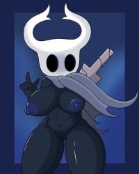 black_body breasts casual cloak clothing female female_the_knight_(hollow_knight) genitals hand_behind_back hi_res hollow_knight horn humanoid nail nipples outerwear poraka7 protagonist_(hollow_knight) pussy solo team_cherry thick_thighs vessel_(species) weapon