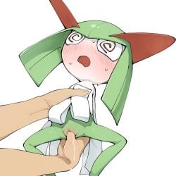 1boy 1girls bigger_male blush drooling fingering generation_3_pokemon human humanoid kirlia on_model pokémon_(species) pokemon pokemon_(species) pseudo_clothing pussy pussy_juice smaller_female sweat swirly_eyes tears youjomodoki