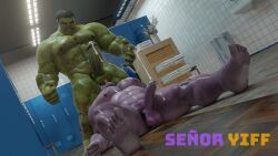 2boys 3d anilingus bara cum cum_drip dissenter3d eating_ass foot gay green_skin hulk locker_room male_focus male_only marvel purple_skin rimming_male thanos tongue yaoi