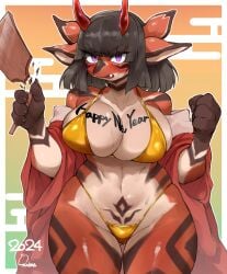 1girls 2024 annoyed annoyed_expression big_breasts bikini black_hair breasts claws dragon dragon_girl dragon_horns english english_text female female_only furry furry_only golden_bikini holidays horns huge_breasts looking_at_viewer new_year new_year_2024 oerba_yun_fang open_mouth purple_eyes red_body signature sleepiness18 striped_body sweat year_of_the_dragon