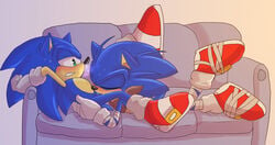 angelofhapiness anthro blue_arms blue_hair blush fellatio fur green_eyes hair hedgehog male male_only mammal multiple_males oral oral_sex penis sega selfcest sex sofa sonic_(series) sonic_boom sonic_the_hedgehog square_crossover sweat yaoi