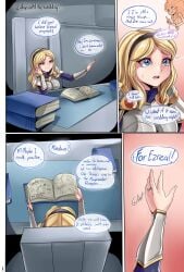 1girls blonde_hair blue_eyes comic english_text female geks interspecies large_breasts league_of_legends league_of_legends:_wild_rift light-skinned_female luxanna_crownguard page_1 speech_bubble tagme virgin