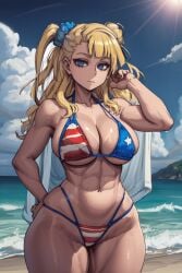 1girls abs ai_generated american_flag_bikini beach big_breasts bikini blonde_hair blue_eyes cleavage curvaceous curvy_body feet_out_of_frame female female_only galko hair_ornament hands_behind_head holding_object huge_breasts light-skinned_female light_skin long_hair looking_at_viewer muscular_arms muscular_female oshiete!_galko-chan outdoors sand stable_diffusion standing swimsuit thick thick_thighs voluptuous voluptuous_female water wide_hips