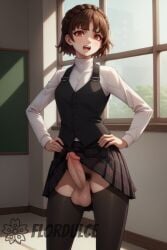 ai_generated annoyed balls brown_hair disgusted erect_penis erection flordulce futa_only futanari hands_on_hips makoto_niijima pantyhose penis persona persona_5 plaid_skirt pubic_hair red_eyes school_hall school_uniform short_hair shuujin_academy_uniform skirt solo_futa standing testicles turtleneck vest