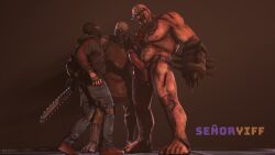 3boys beefy big_feet daddy dissenter3d full_body heavy_balls killing_floor_2 male_focus male_only manly masked_male monster penis size_difference tough_guy weapon