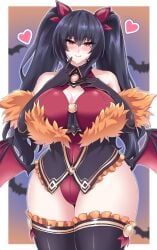 alternate_costume bare_shoulders big_breasts black_hair blush cleavage finger_to_mouth front_view hand_on_chest heart light-skinned_female neptunia_(series) noire oerba_yun_fang red_eyes seshiro_(which501) smile thick thick_thighs thighhighs twintails vampire wings