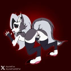 1:1 absurd_res anthro anus ass azuriefoxnsfw bent_over canid canid_demon canine clothing demon ear_piercing ear_ring female fetter fingers fluffy fluffy_tail fur furry_tail genitals gloves grey_body grey_fur hand_on_wall handwear hellhound helluva_boss hi_res innie_pussy legwear looking_at_viewer looking_back loona_(helluva_boss) mammal open_mouth piercing pink_pussy presenting presenting_hindquarters pussy rear_view red_sclera ring_piercing simple_background solo tail tail_aside thigh_highs touching_pussy white_background white_eyes