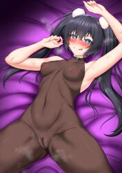 1girls areolae bed black_hair black_rock_shooter black_rock_shooter_(character) blue_eyes blush breasts christmas clothed female fishnet fishnet_bodysuit heart-shaped_pupils laying_down laying_on_bed long_hair musk musk_clouds nipples pussy small_breasts smile solo sweat tongue twintails