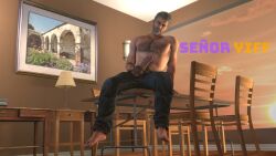 3d barefoot body_hair dissenter3d full_body inviting inviting_to_sex joel_miller looking_at_viewer male_focus male_only presenting_penis silver_hair sitting_on_table solo table testicle_grab the_last_of_us