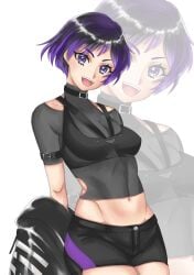 1girls alluring athletic_female black_and_purple_hair fingerless_gloves fit_female gloves midriff namco navel purple_eyes reina_mishima shorts tank_top tekken tekken_8 tokyotakuan_17