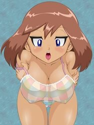 1girls bikini blue_eyes blush breasts brown_hair cleavage erect_nipples fat_mons female female_only huge_breasts human human_only large_breasts lupus may_(pokemon) nintendo pokemon see-through see-through_bikini solo solo_female undressing