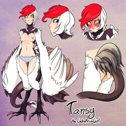 blush breasts character_sheet chateau_de_monster clothing cockatrice feathers female monster_girl my_pet_tentacle_monster partially_clothed red_hair scales tail tansy_(chateau_de_monster) two_tone_hair white_hair wings yellow_eyes