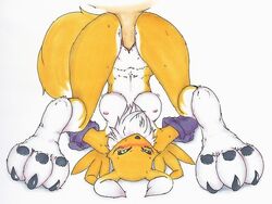 2013 anthro ass blush breasts canine chest_tuft claws digimon duo elbow_gloves faceless_male female fox fur furry gloves human kinu_(artist) male mammal nipples paws penetration penis plain_background pussy renamon sex tuft vaginal_penetration white_background yellow_fur