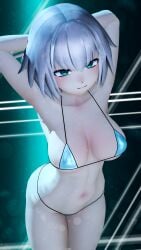 1girls 3d aqua_eyes armpits arms_behind_head big_breasts bikini breasts busty character_request cleavage female female_only grey_hair hi_res large_breasts looking_at_viewer naughty_face navel pose posing seductive seductive_look seductive_smile sensual sexy_armpits short_hair solo thong_bikini toned voluptuous