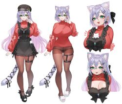 apron beauty_mark beauty_mark_on_breasts big_breasts black_panties breasts cat cat_ears cat_tail cleavage crossed_bangs female green_eyes grey_hair hairband hat high_heels highres hiiragi_emuri huge_breasts indie_virtual_youtuber large_breasts long_hair mole mole_on_breast mole_under_eye mythic_live necklace nemuaki panties short_hair silver_hair sitting slippers thigh_squish tights virtual_youtuber vtuber