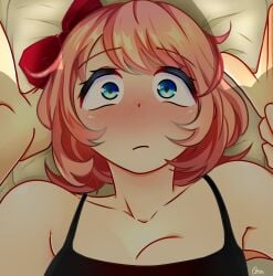 1girls blue_eyes blush blush_lines bow close-up close_up closeup doki_doki_literature_club female female_focus hair_bow hairbow light_skin onyxvoyd pov red_bow red_hair_bow red_hairbow sayori_(doki_doki_literature_club) solo_focus strawberry_blonde_hair suggestive