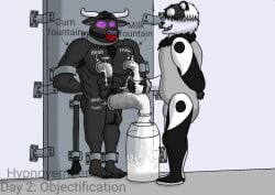 anthro ball_gag ball_tuft bear belly black_body black_fur bodily_fluids body_writing bondage bondage bound bovid bovine brainwashing breast_milking cum cum_container cum_on_cup cum_on_penis duo ejaculation english_description english_text faucet fur gag genital_fluids genitals giant_panda hands_behind_back heart_eyes heart_symbol hi_res horn hypnosis hypnovember hypnovember2024 identity_death lactating lenderednel male male/male male_lactation mammal mind_control musclular muscular muscular_anthro muscular_male nude objectification objectified penis pink_eyes portuguese_description red_ball_gag restrained restrained_arms ringed_eyes tail tail_tuft text tuft white_body white_fur