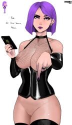 1girls big_breasts black_eyes bob_cut breasts corset dialogue dominant_female dominatrix duolingo emo emo_girl female female_only femdom human latex lily_(duolingo) looking_at_viewer medium_hair nipple_piercing nyuunzi pale-skinned_female purple_eyeshadow purple_hair purple_lipstick seductive_look solo talking_to_viewer text