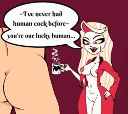 artist_upload bathrobe_only big_butt blonde_hair charlie_morningstar_(hazbin_hotel) demon hazbin_hotel nervousguy69 pussy_juice red_eyes thick_thighs