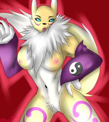 black_nose blue_eyes breasts digimon female fur nipples open_mouth pussy renamon renamonpaws solo tongue violet_fur white_fur yellow_fur