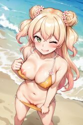 :q aelina ai_generated beach belly big_breasts bikini bikini_bottom bikini_bottom_down bikini_bottom_pull bikini_top bikini_top_aside blonde_hair breast_out breast_out_of_bikini breast_outside breast_slip collarbone erect_nipples eyebrows_visible_through_hair eyelashes hair_buns hairbuns hololive looking_at_viewer momosuzu_nene navel nipple_slip pussy tongue tongue_out virtual_youtuber wink winking_at_viewer yellow_bikini yellow_bikini_bottom yellow_bikini_top