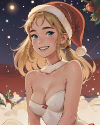 1girls 2020s 2023 adora ai_generated blonde_female blonde_hair blue_eyes blush breasts choker christmas christmas_hat christmas_headwear christmas_tree cleavage corset erslait female female_only hat headwear hi_res human leotard light-skinned_female light_skin lipstick long_hair looking_to_the_side makeup red_hat red_lips red_lipstick santa_hat she-ra_and_the_princesses_of_power smile snow solo white_corset white_leotard