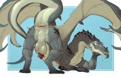 anus ass ass_up balls banana_da_boi claws digitigrade dragon feral finger_claws genitals hi_res long_neck looking_at_viewer male membrane_(anatomy) membranous_wings mythological_creature mythological_scalie mythology penis presenting presenting_anus presenting_balls presenting_hindquarters quadruped raised_tail scales scalie solo tail toe_claws tongue tongue_out wings