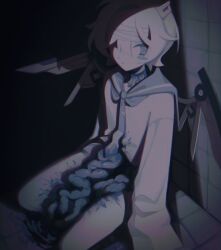 bandaged_head bandages blood blue_sailor_collar blush_stickers colored_skin feebii guro highres injury intestines mechanical_wings original sailor_collar single_blush_sticker solo tenshi_kaiwai white_hair white_skin wings