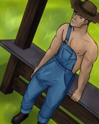 1boy brown_eyes brown_hair bulge dawsn000 farmer grow_a_garden male overalls roblox roblox_game robloxian sam_(grow_a_garden) self_upload tagme yaoi