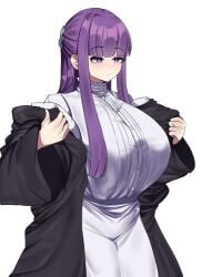 blunt_bangs breasts dress female fern_(sousou_no_frieren) huge_breasts long_sleeves purple_eyes purple_hair sousou_no_frieren tetsu_chokoreto white_background white_clothing
