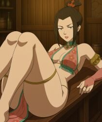 1girls ai_generated ass avatar_legends avatar_the_last_airbender azula big_ass bikini bracelet breasts bridal_gauntlets brown_hair collar curvy dancer_outfit eyes_half_open female female_only flower_print gardener_ai golden_eyes hair_bun harem_outfit illustrious_(stable_diffusion) indoors jewelry jitome knees_up lipstick loincloth lucy_heartfilia_(cosplay) lying lying_on_back makeup medium_breasts open_mouth pear_shaped pelvic_curtain ring slave_bikini solo stable_diffusion string_bikini thick_thighs thigh_strap voluptuous wide_hips