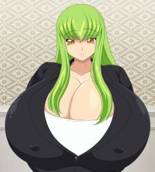 alternate_body_type alternate_breast_size breast_expansion breasts breasts_bigger_than_head breasts_bigger_than_torso breasts_squeezed_together bursting_breasts c.c. chubby_cheeks chubby_female cleavage code_geass female gigantic_breasts golden_eyes green_hair huge_breasts office_lady oversized_breasts puffy_lips smile tight_clothing undersized_clothes weight_gain weight_gain_female