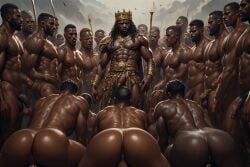ai_generated anus big_ass big_butt big_penis boypussy crown dark-skinned_male dark-skinnedsub gay king kneeling kneeling_oral_position male male_only multiple_males no_pussy penis prisoner_of_war weapons