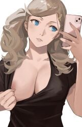 absurdres black_shirt blonde_hair blue_eyes breasts cellphone cleavage female flashing highres holding holding_phone j@ck large_breasts light_smile looking_at_phone nipples no_bra non-web_source persona persona_5 phone pulling_own_clothes selfie shirt smartphone takamaki_anne twintails white_background