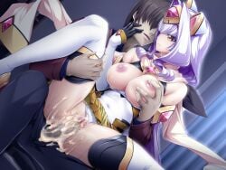 1boy azarin_(kouyoku_senki_exs-tia) black_gloves black_pants boots breasts breasts_out censored closed_mouth clothed_sex clothing_aside covered_navel cum cum_in_pussy cum_overflow curtains dutch_angle elbow_gloves exs-tia_magica faceless faceless_male female game_cg gem gloves grabbing_another's_breast grabbing_from_behind groping hair_intakes indoors inoino kouyoku_senki_exs-tia large_breasts large_variant_set leg_grab leg_lift leotard leotard_aside long_hair long_sleeves looking_at_another mosaic_censoring nipples non-web_source official_art pants parted_lips penis purple_hair pussy reverse_upright_straddle scarf sex sex_from_behind shihou_souma shiny_skin shirt short_hair sitting sitting_on_lap sitting_on_person skirt spread_legs straight thigh_boots thighhighs vaginal_penetration variant_set very_long_hair white_leotard white_scarf yellow_eyes yellow_skirt yellow_trim