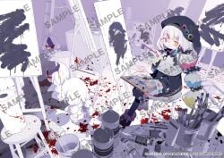 beret blood braid bucket hat heterochromia jacket jougasaki_noa long_hair magical_girl mahou_shoujo_no_majo_saiban multicolored_hair official_art paint_tube paintbrush painting_(object) shoes statue twin_braids