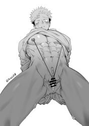 1boy abs anus arms_behind_back bandaid bandaid_on_pussy bar_censor blush censored clitoris_piercing clothes_lift commentary_request cum cum_in_pussy cumdrip cuntboy fingernails from_below hand_on_own_ass highres itadori_yuuji jujutsu_kaisen long_sleeves male_focus mawaru_(ajan) muscular muscular_male navel nipple_chain open_mouth pectorals piercing pussy_piercing shirt_lift simple_background solo spread_pussy spreading_own_anus teeth white_background