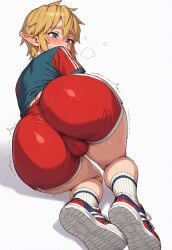 1boy 1femboy 2025 ai_generated ass balls big_ass blonde_hair blue_eyes blush dispatcher2 embarrassed femboy feminine_male link looking_away male pointy_ears red_shorts shorts simple_background socks sports_shorts sports_uniform sportswear sweat sweatdrop testicles the_legend_of_zelda thick_thighs thighs tight_shorts trembling twink white_background white_socks