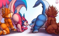 anal anthro ass balls big_butt black_eyes blue_body blue_scales bondage bondage bound brown_body brown_fur brown_hair closed_eyes collar dominant dominant_male dragon ear_piercing ear_ring fennephilim_fox feral fish fur genitals gnar_(lol) green_eyes group guardians_of_the_galaxy hair hands_tied hi_res holding_leash holding_object jeff_the_land_shark league_of_legends leash leashed_collar legs_tied looking_at_viewer looking_back male mammal marine marvel marvel_rivals mythological_creature mythological_scalie mythology oral orange_body orange_fur penis piercing pink_collar pink_leash pink_penis procyonid raccoon red_body restraints rimming ring_piercing riot_games rocket_raccoon rope rope_bondage scales scalie sex shark skull_hat slit_penis smolder_(lol) spiked_penis spikes spikes_(anatomy) tan_body tan_fur tencent wings yordle