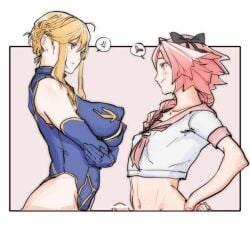 1boy ahoge artoria_pendragon_(all) artoria_pendragon_(lancer) astolfo_(fate) black_bow blonde blonde_hair braid breasts erect_nipples female green_eyes hair_ribbon hand_on_hip heart horny inminent_sex large_breasts looking_at_another male midriff navel nipples_visible_through_clothing pink_hair ribbon tease teasing