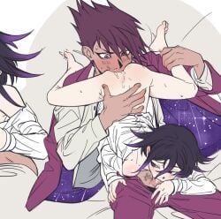 2boys 69 anilingus black_hair blush danganronpa_(series) danganronpa_v3:_killing_harmony facial_hair fellatio hair_between_eyes highres jacket long_sleeves male_focus miri_(bossu_osu) momota_kaito multiple_boys oma_kokichi open_pants oral pants pink_pants purple_hair shirt short_hair spiked_hair white_background white_jacket yaoi