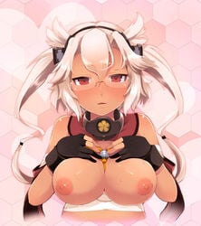 blonde_hair blush breast_suppress breasts dark-skinned_female dark_skin female fingerless_gloves glasses gloves kantai_collection large_breasts lillithlauda looking_at_viewer musashi_(kantai_collection) nipples red_eyes sarashi solo tied_hair twintails