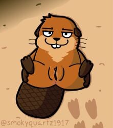 artist_name beaver brown_body buckteeth digital_drawing_(artwork) digital_media_(artwork) disney english_text female feral fur genitals hi_res hoppers looking_at_viewer mabel_tanaka machine mammal nude pixar presenting robot rodent smile smokyquartz1917 solo tail teeth text vulva