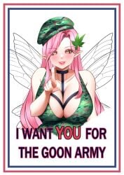 army_girl army_outfit army_uniform big_breasts camo camo_clothing camo_print caption cleavage clothed_female ecchi elf_ears fairy fairy_wings fully_clothed goon goonette goonfairy gooning harness_bra hazel_eyes pink_hair text